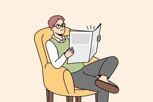 jong Mens in bril zitten Aan stoel Bij huis lezing krant. glimlachen mannetje kom tot rust in fauteuil Aan weekend met tijdschrift. recreatie en ontspanning. vector illustratie.