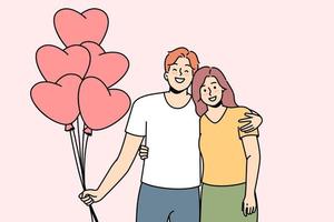 glimlachen paar knuffel Holding bundel van ballonnen in hart vorm geven aan. gelukkig Mens en vrouw vieren verjaardag samen. liefde en verhoudingen. vector illustratie.