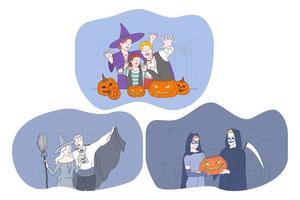 vieren halloween vakantie in spookachtig kostuums concept. jong positief mensen tekenfilm tekens in hoeden, vampier, heks, monster kostuums vieren halloween met traditioneel pompoenen in handen vector