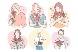 bloem boeketten net zo presenteert voor Dames concept. gelukkig glimlachen Dames tekenfilm tekens Holding bloemen boeketten net zo cadeaus voor vakantie en mannen voorbereidingen treffen bloemen voor Lieve Dames voor dating vector