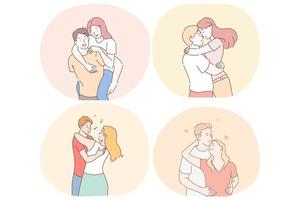 romantiek, liefde, daten, relatie, saamhorigheid concept. gelukkig jong liefhebbend paren daten, knuffelen, liefhebbend en genieten van tijd samen gedurende vergaderingen vector illustratie