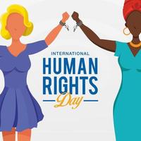 Internationale menselijk rechten dag achtergrond. volkeren met verschillend ras verhogen handen en gebroken kettingen de symbool van vrijheid. vector