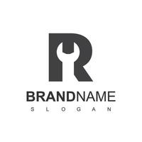 brief r reparatie logo sjabloon, negatief ruimte idee moersleutel icoon vector