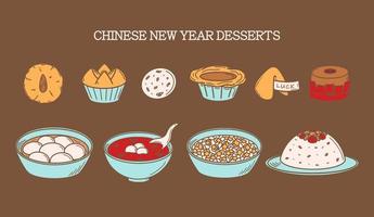 CNY viering, Chinese nieuw jaar desserts vector illustratie in tekening stijl.