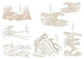 Chinese hand- getrokken oceaan zee decoratie icoon met lijn patroon wijnoogst stijl. goud oosters elementen in oude stijl. vector