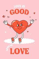 retro groovy lief harten affiches. liefde concept. gelukkig valentijnsdag dag groet kaart in modieus retro Jaren 60 jaren 70 tekenfilm stijl. vector illustratie in roze rood kleuren. groovy hart. kaart, ansichtkaart, prin