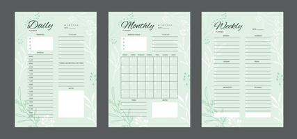 reeks van minimalistische planners. dagelijks, wekelijks, maandelijks ontwerper sjabloon. blanco wit notitieboekje bladzijde geïsoleerd Aan grijs. bedrijf organisator bladzijde. blanco afdrukbare verticaal notitieboekje bladzijde vector