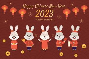 gelukkig Chinese nieuw jaar 2023. nieuw jaar kaart met tekenfilm konijnen, Chinese lantaarns en goud. vector