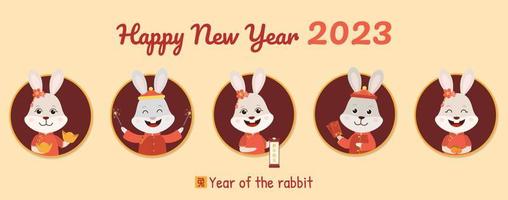 gelukkig Chinese nieuw jaar 2023. nieuw jaar poster met tekenfilm konijnen. grappig konijntjes in traditioneel Chinese kostuums wens gelukkig nieuw jaar. vertalingen is konijn, gelukkig Chinese nieuw jaar. vector