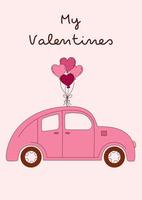Valentijnsdag dag groet kaart met roze auto en ballonnen en schattig tekst. vector illustratie