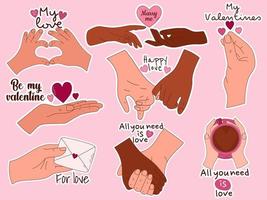 hand- getrokken sticker reeks van handen in de vorm van harten voor Valentijn dag. ontwerp elementen voor affiches, groet kaarten, banners en uitnodigingen. vector