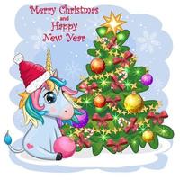 schattig tekenfilm eenhoorn in de kerstman hoed in de buurt Kerstmis boom met geschenken, ballen. nieuw jaar en Kerstmis groet kaart. vector