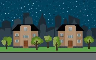 vector stad met twee twee verdiepingen tekenfilm huizen en groen bomen Bij nacht. zomer stedelijk landschap. straat visie met stadsgezicht Aan een achtergrond
