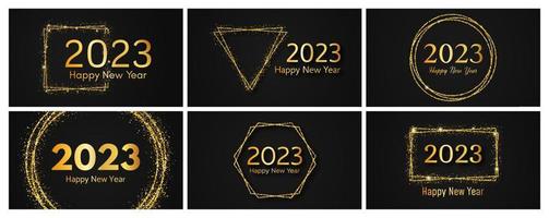 2023 gelukkig nieuw jaar goud achtergrond. reeks van abstract goud achtergronden met een opschrift gelukkig nieuw jaar Aan donker voor Kerstmis vakantie groet kaart, flyers of affiches. vector illustratie