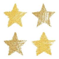 reeks van vier hand- getrokken sterren met goud schitteren effect. ruw ster vorm in tekening stijl met goud schitteren effect Aan wit achtergrond. vector illustratie