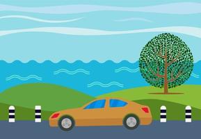 oranje auto Aan de weg tegen de backdrop van de zee en groen boom. vector illustratie.