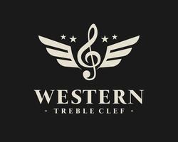 treble sleutel muziek- melodie musical klassiek wijnoogst western retro vleugel vlieg embleem vector logo ontwerp