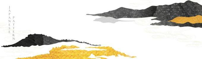 Japans achtergrond met hand- getrokken berg Woud lijn vector. goud en zwart structuur in wijnoogst stijl. presentatie sjabloon ontwerp, poster, folder, website achtergronden, banier of reclame. vector