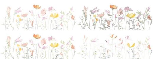 natuur bloemen illustratie vector voor ontwerp element en bruiloft vector. lijn hand- getrokken illustratie. zwart weide van bloemen, kruiden geïsoleerd Aan wit achtergrond. botanisch fabriek.