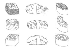 hand- getrokken sushi rollen clip art set. Japans traditioneel keuken borden. Aziatisch voedsel vector