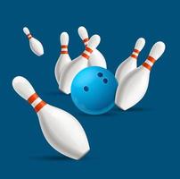 realistisch gedetailleerd 3d bowling bal crashen in wit kegelen. vector