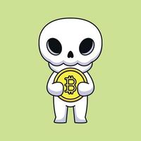 schattig schedel Holding bitcoin tekenfilm mascotte tekening kunst hand- getrokken schets concept vector kawaii icoon illustratie