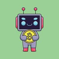 schattig robot Holding bitcoin tekenfilm mascotte tekening kunst hand- getrokken schets concept vector kawaii icoon illustratie