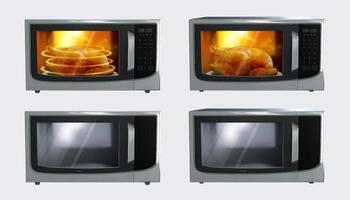 magnetronoven oven set. 3d illustratie van kalkoen Koken binnen magnetronoven ovens dat zijn verwarming en leeg ovens geïsoleerd licht grijs achtergrond vector