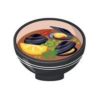 Aziatisch keuken, soep met mosselen. traditioneel schotel met zeevruchten. detailopname van een bord van voedsel. nationaal keuken vector
