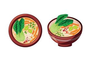 Aziatisch vegetarisch groente noodle soep, traditioneel gerecht. 2 borden met voedsel, detailopname. wit achtergrond, geïsoleerd voorwerp. traditioneel Japans soep. gezond voedsel, zeevruchten vector