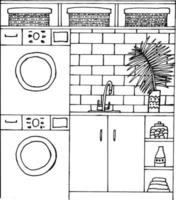 wasserij kamer interieur kleur bladzijde. vector wasserij ruimte interieur. het wassen machine, wasserij mand, wasbak, vaas, handdoeken, steen muur. kleur boek voor kinderen en volwassenen.