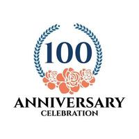 100ste verjaardag logo met roos en laurier lauwerkrans, vector sjabloon voor verjaardag viering.