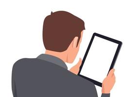 jong bedrijf Mens met blanco tablet in de hand- terug visie . vlak vector illustratie geïsoleerd Aan wit achtergrond