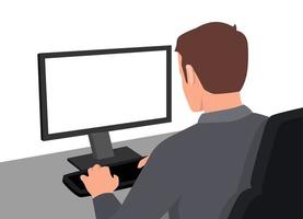 jong Mens werken Aan een computer. visie van zijn terug met blanco scherm. vlak vector illustratie geïsoleerd Aan wit achtergrond