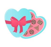hand- getrokken doos van chocolaatjes met rood boog in vorm hart in vlak stijl. vector
