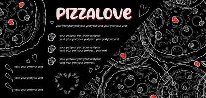 banier voor reclame pizza. pizza menu. pizzeria folder korting. donker modieus modern ontwerp voor sociaal media en afdrukken vector