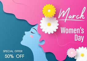 poster reclame van vrouwen dag met specials aanbod uitverkoop formulering in papier besnoeiing stijl vector
