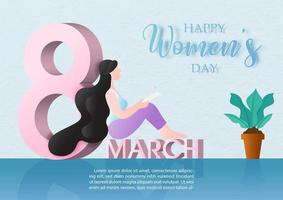 vrouw tekenfilm karakter zitten Aan 8 maart formulering van vrouwen dag, voorbeeld teksten Aan blauw achtergrond vector