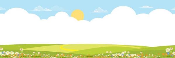 naadloos patroon voorjaar groen velden landschap met wolken Aan blauw lucht achtergrond, eindeloos panorama mooi landelijk natuur in lente met gras land- Aan heuvel.vector voor voorjaar of zomer banier vector