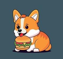 schattig shiba inu aan het eten hamburger tekenfilm illustratie vector