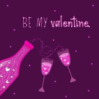 worden mijn Valentijn poster met roze fles met paar van bril met gloeiend sterren en harten in het. hand- getrokken ansichtkaart vector