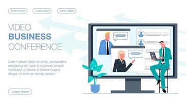 een zakenman is werken Aan een laptop en video chatten met zijn collega's, met een bedrijf video conferentie Aan de toezicht houden op vlak vector illustratie
