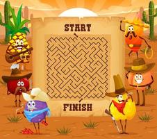 labyrint doolhof spel, tekenfilm fruit western cowboys vector