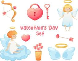 Valentijnsdag dag reeks met tekenfilm engelen, cupido's boog en pijl, slot en sleutel vector