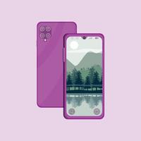 Purper cel telefoon vector van voorkant en terug met natuur behang