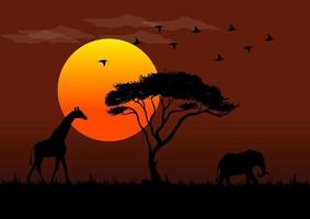 illustratie van Afrikaanse dieren in het wild vectoren Bij zonsondergang