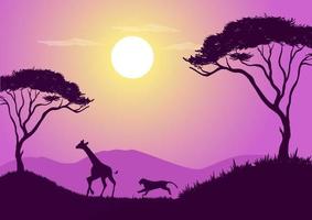 vector illustratie van Afrikaanse dieren in het wild met Purper silhouetten