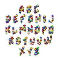 isometrische doopvont gemaakt van gekleurde plastic blokken. compleet alfabet. de kinderen ontwerper. vector illustratie
