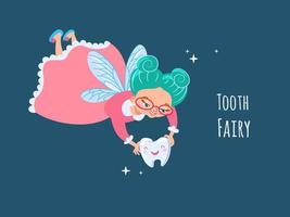 schattig tand fee met baby tand, fee in bril met groen haar, tekenfilm karakter in roze jurk met Vleugels vector illustratie