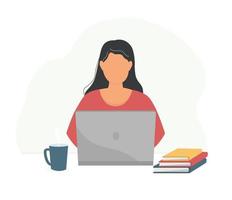 een vrouw is zittend Bij haar laptop. de meisje studie, werken net zo een exploitant, manager, communiceert van een afstand online. vector grafiek.